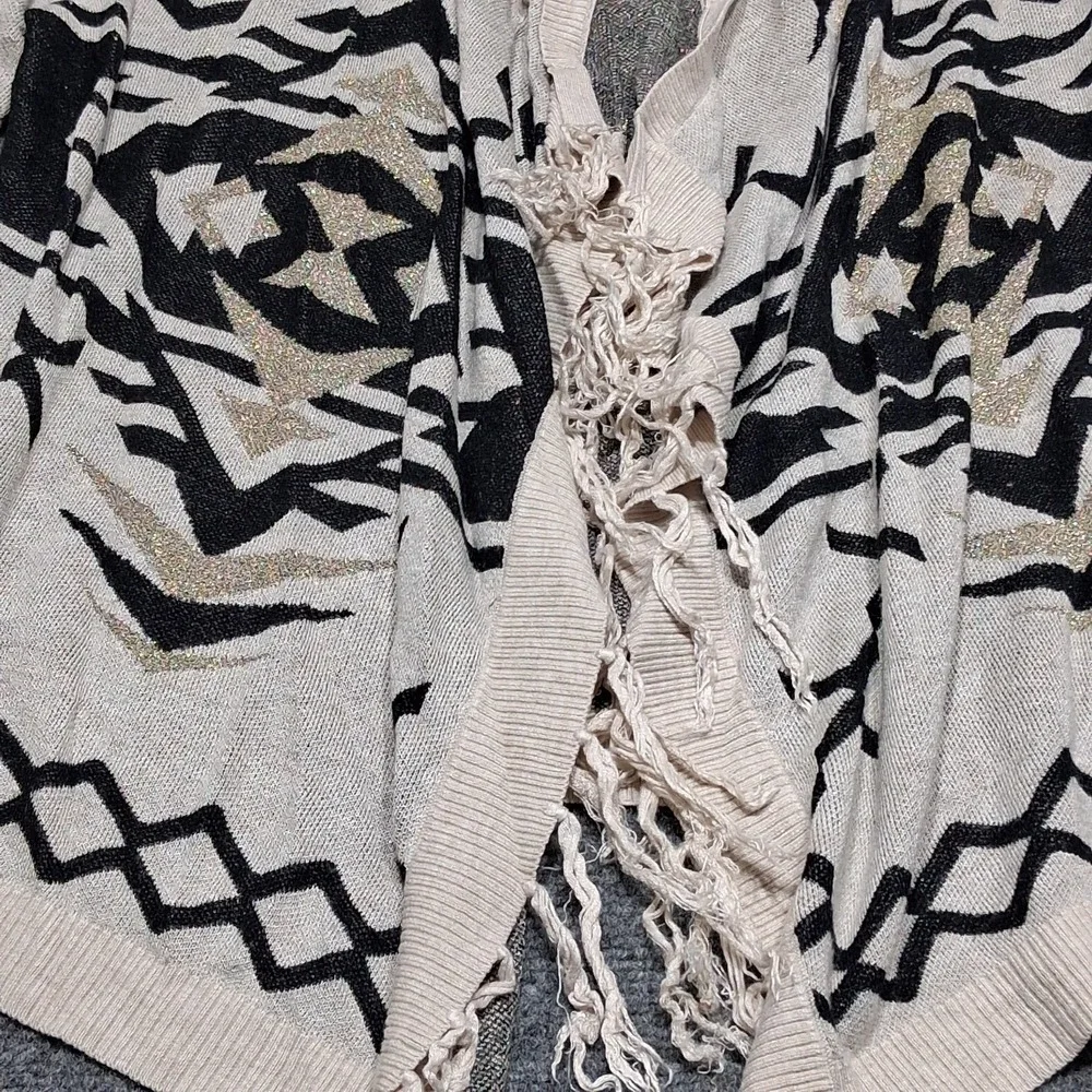 INC Womens Sweater Size‎ M Ivory Diamond Knit Bohemian Fringe Open Wrap Cardigan